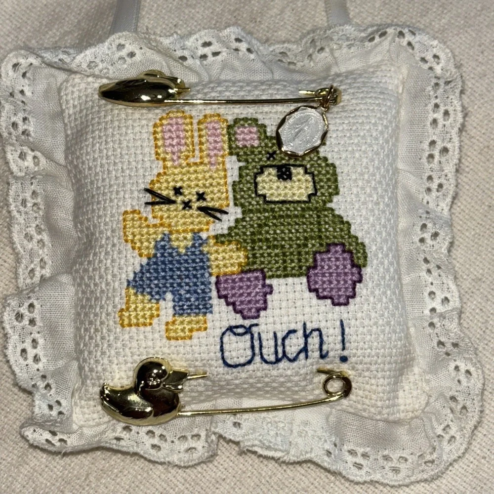 Handmade cross-stitch Pin‎ cushion Bear & Bunny 